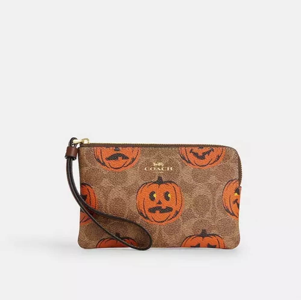 Coach Corner Zip Wristlet In Signature Canvas With Halloween Print (Gold/Tan Mul - Picture 1 of 6